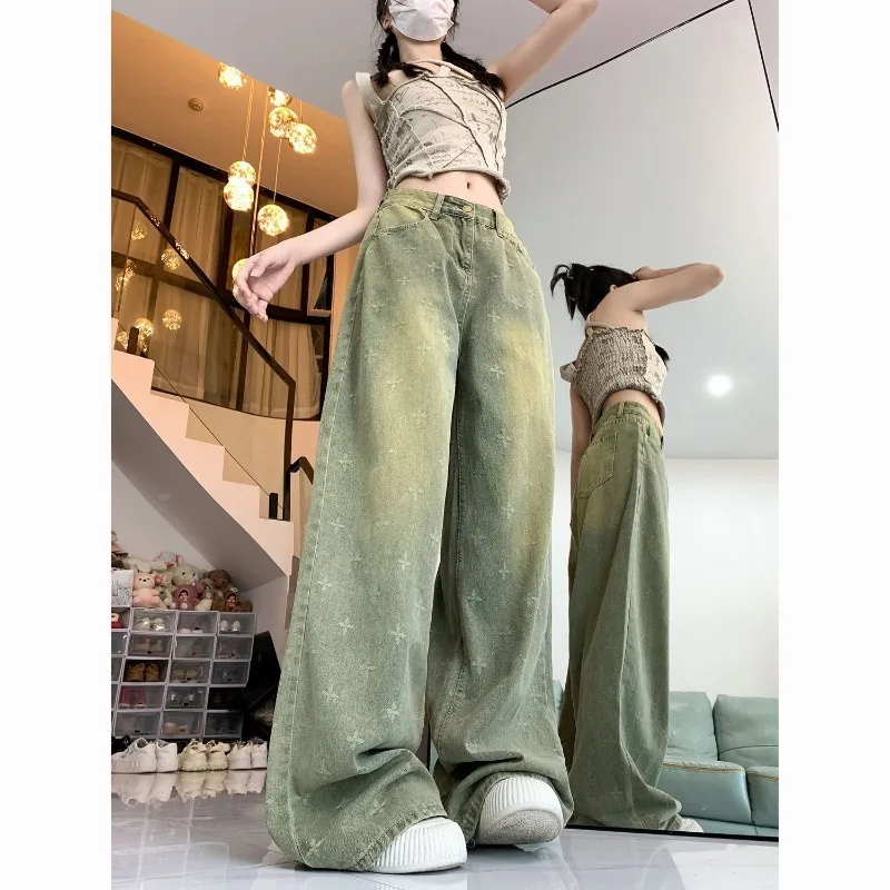 Deeptown Y2K Vintage Women Jeans Cross Harajuku Wide Leg American Retro Denim Pants Grunge Baggy Trousers Autumn Hip Hop Casual