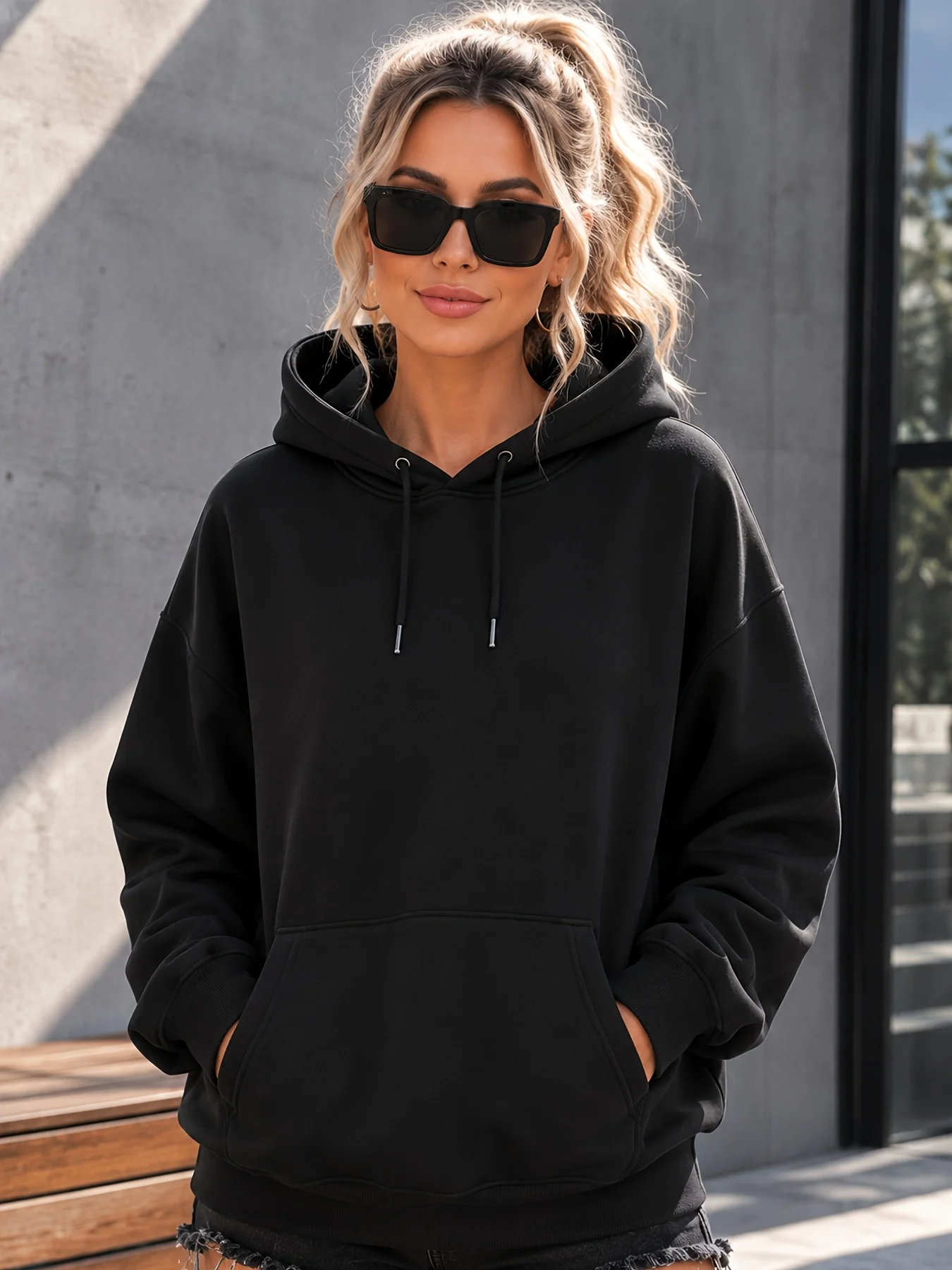 Plus Size - Plus-Size Black Sweatshirt. This Casual Long-Sleeved Hoodie with a Pop Art-Style Female Portrait, Featuring a Drawstring Hood And Pockets, Is Perfect for Trendy Graffiti-Style Everyday Wear for Women. Christmas And Halloween Gifts