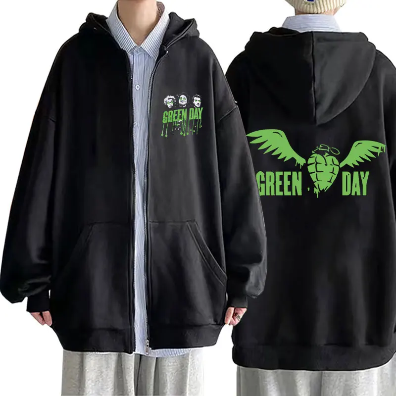 Punk Band Green Day Graphic Print Zipper Hoodie Men Women Vintage Gothic Rock Oversized Zip Up Jacket Male Casual Zip Up Hoodies