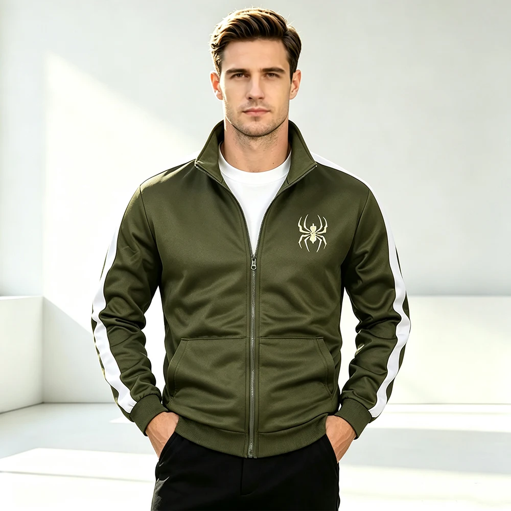 Men Stand Collar Full Zip Jacket Contrast Side Stripe Casual Sports Long Outerwear Coat Pentagram Print for Daily Athletic Wear