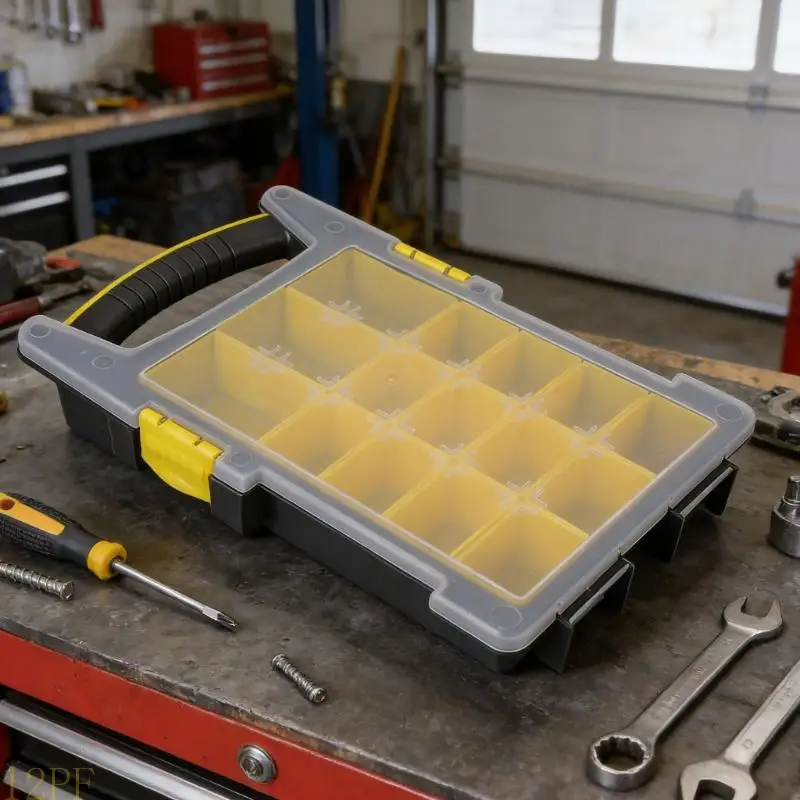 12PF Stackable Plastic Tool Case Feature 14 Individual Compartments And Clear Cover Perfect For Mechanics And Technicians