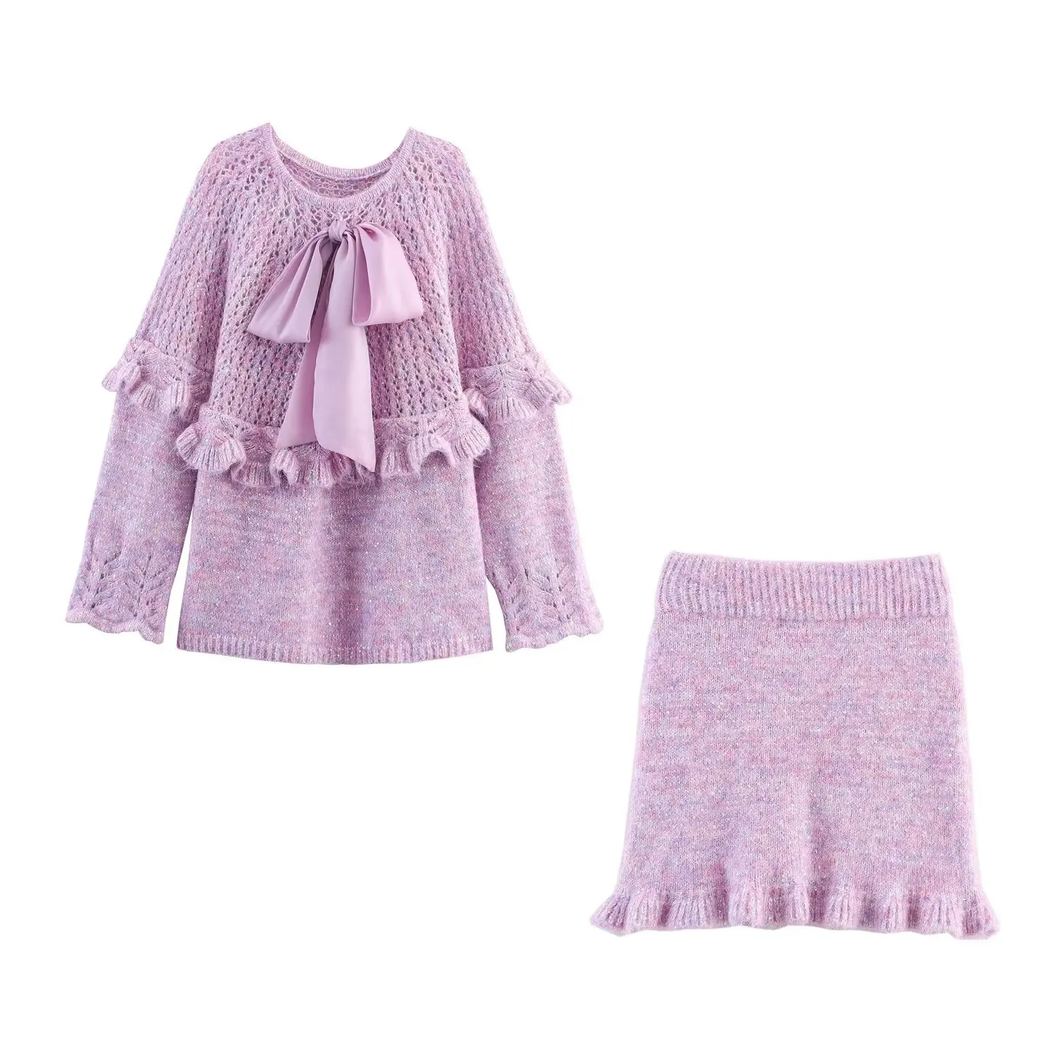 JNLEAOG Faionable tricoté jupe ensemble avec Saes pour les femmes automne nouveauté chaud longue Sve deux pièces costume européen Sle