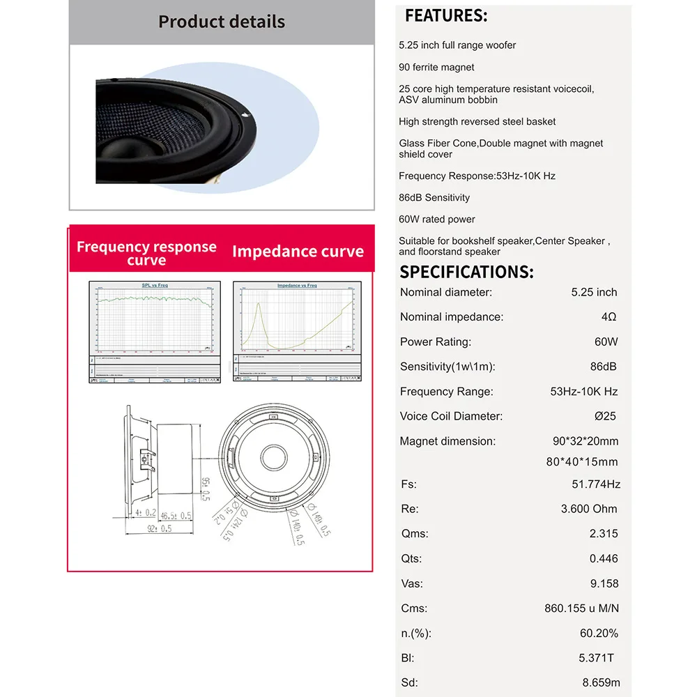 MW Audio 2 Stück 5,25" Auto-Tieftöner 50W 4/8 Ohm, Fiberglas-Membran 25mm Schwingspule Bass-Treiber – Detail 8