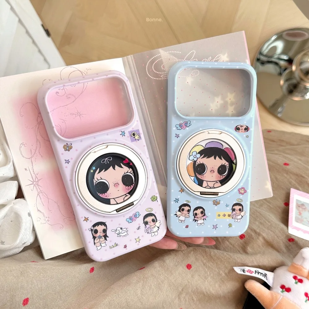 Cute Big‑Eyed Girls Star Sticker Print Phone Case for IPhone 18 17 16 15 14 13 Pro Max 360°Rotatable Kickstand Shockproof Cover