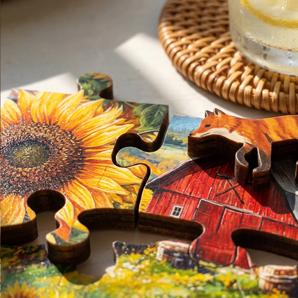 Vintage Farm Sunflower Wooden Puzzle, 5A Difficulty Unique Shaped Pieces Family Activity Gift