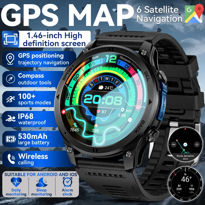2026 GPS Smart Watch Offline Map Real-time Route Navigation Clock Man IP68 Waterproof Outdoor Watch Military Smartwatch Men