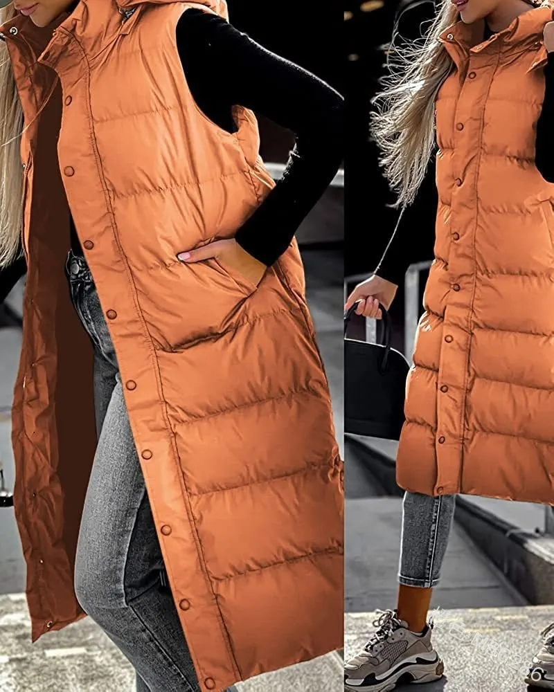 Solid Color Mid-Length Vest Hooded Top Women\'s Casual Fashion Zipper Single-Breasted Coat Autumn Winter Loose Warm Parka