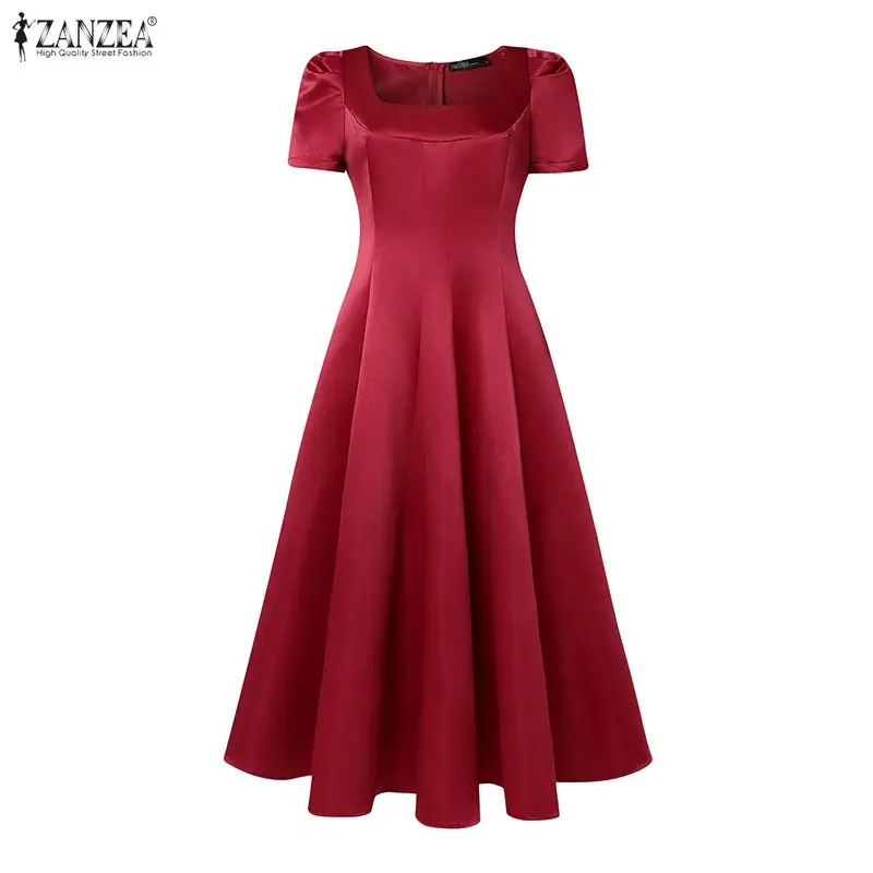 ZANZEA Elegant Women Wedding Party Dress Satin Silk Long Sundress Summer Short Sleeve Square Collar Sexy Solid Color Vestidos