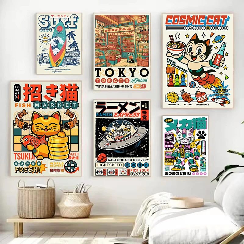 Retro Japanese Culture Anime Tokyo Treats Kabuki Lucky Cat Fish Market Poster Canvas Painting Wall Art Picture Home Decor