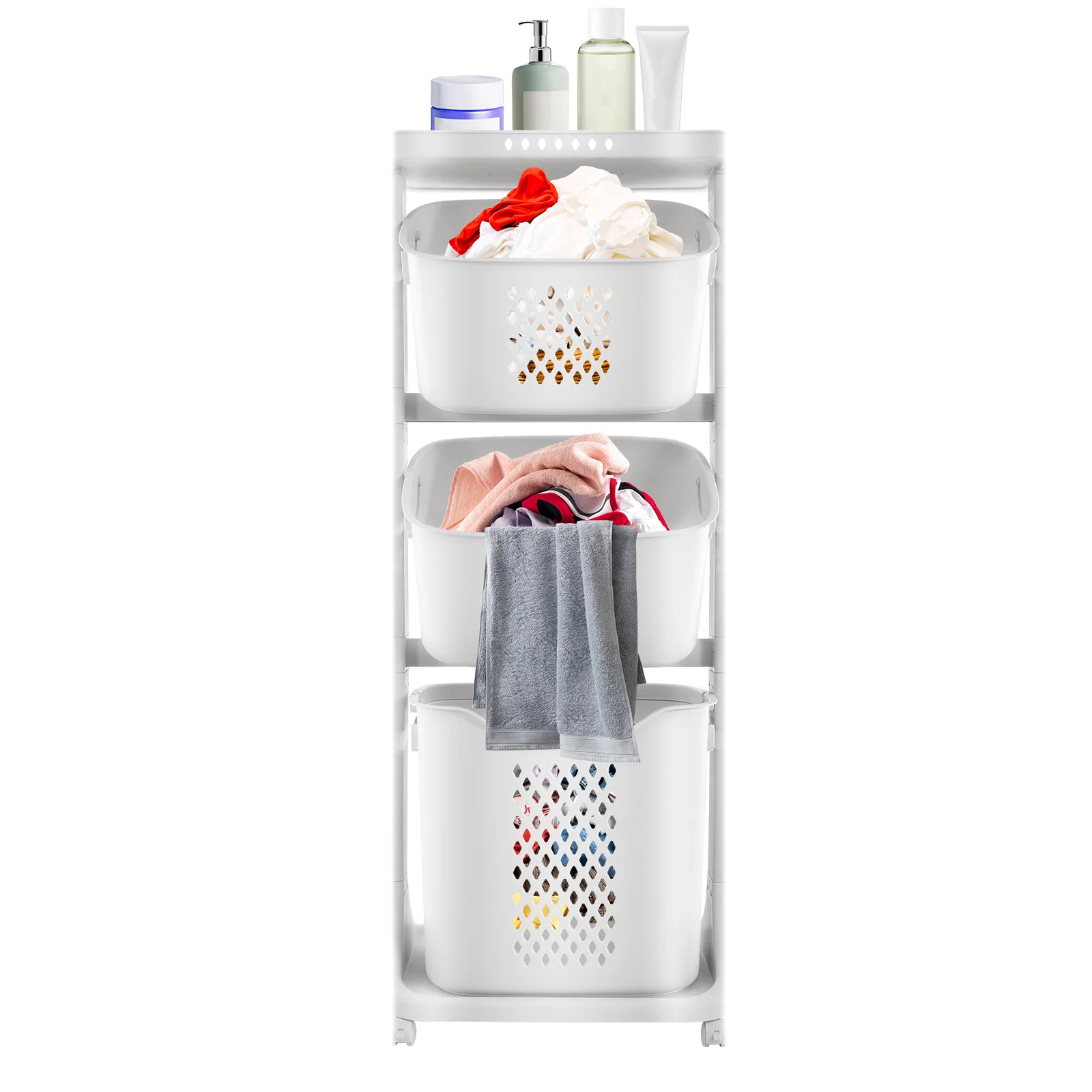 

3-layer Laundry Basket, Dirty Clothes Basket, Cloth Storage Basket with Wheels, for Bathrooms, Laundry Rooms Load 5kg
