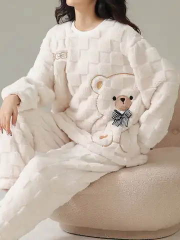 Cozy Plush Fleece Pajama Set with Embroidered Bear Motif - Long Sleeve Round Neck 2-Piece Loungewear