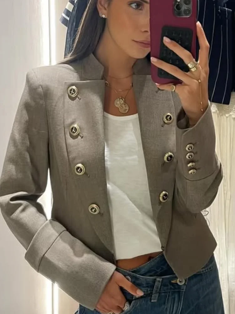 

Women Beige Double Breasted Button Closure Blazer Stand Collar Fitted Waist Tailored Cropped Jackets Elegant Formal Daily Wear