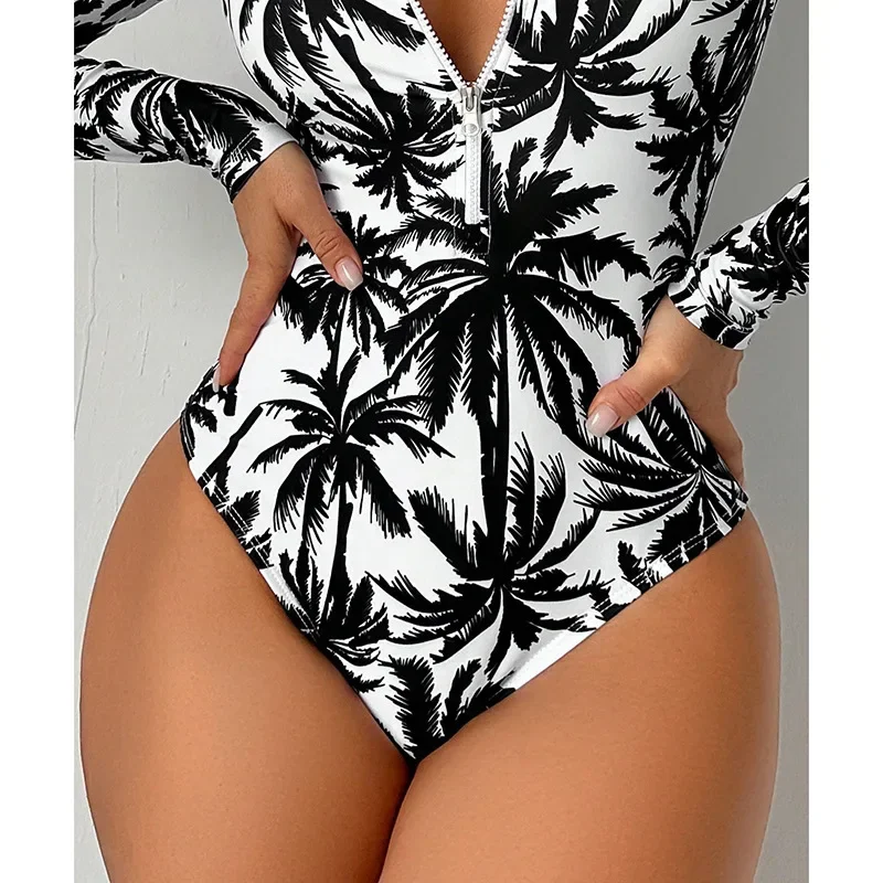 Women Summer Printed Swimsuit Fashionable High Waisted Long Sleeved Swimsuit Sexy Tight Fitting  Quick Drying One Piece Swimsuit