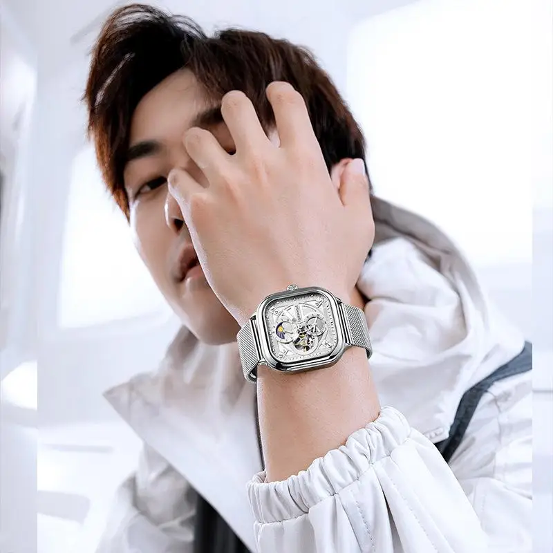 Fashion Men Automatic Watches Brand Mark Fairwhale Milanese Strap Square Watch Luxury Moon Phase Mechanical Wristwatch Boy Reloj