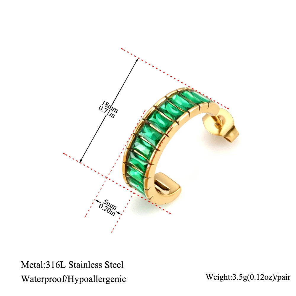 Lokaer Embedding Rectangular Zircon C-shaped Hoop Earrings Gold Plated Stainless Steel Cubic Zirconia Jewelry For Women E26176