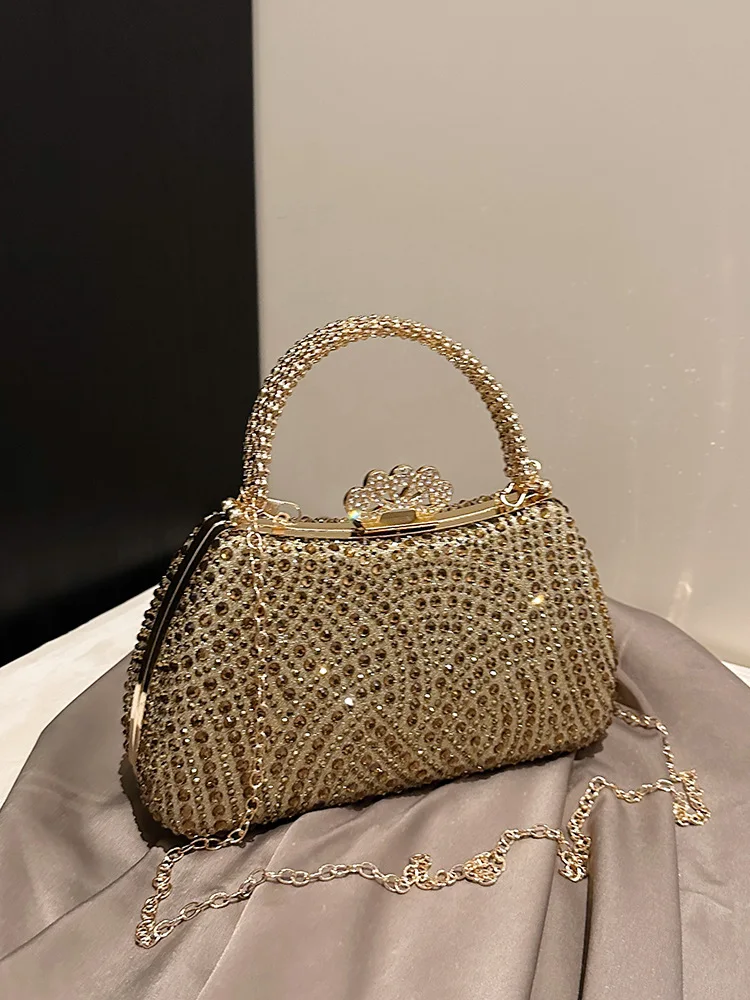 حقيبة سهرة نسائية جديدة من الكريستال الذهبي لعام 2025، محفظة أنيقة بمقبض من حجر الراين، حقيبة يد فاخرة لامعة للحفلات والولائم