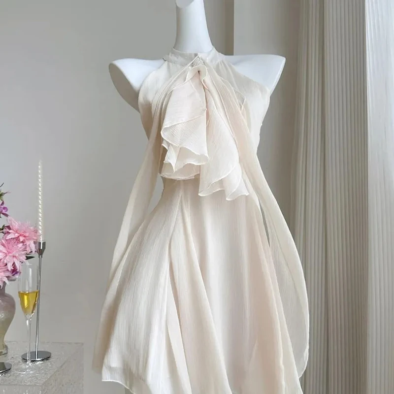 Sommer-Chiffon-Minikleid für Damen Ärmellos mit Unregelmäßigen Rüschen und Bandverzierung Sexy Kleider Französisch Elegant Neckholder Reißverschluss Lässiges Schickes Kleid
