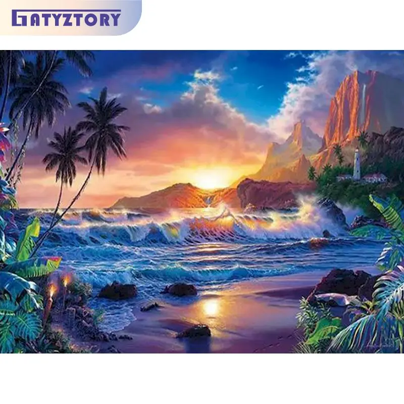 

GATYZTORY 5D Diamond Painting Seaside Sunset Diamond Embroidery Mosaic Landscape Picture Of Rhinestones Home Decoration