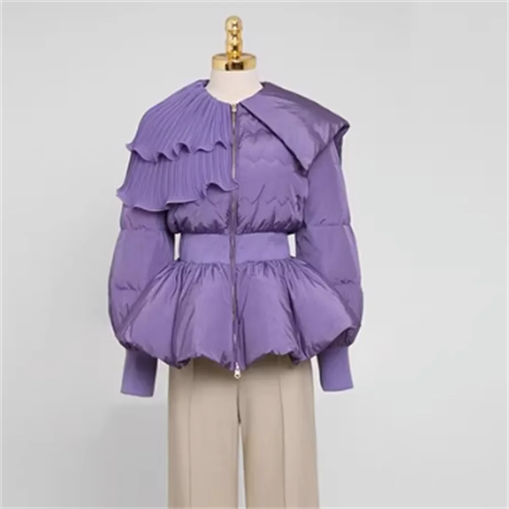 女性のためのエレガントなパープルダウンジャケット,蓮の葉のエッジのzipコート,新しいファッション冬