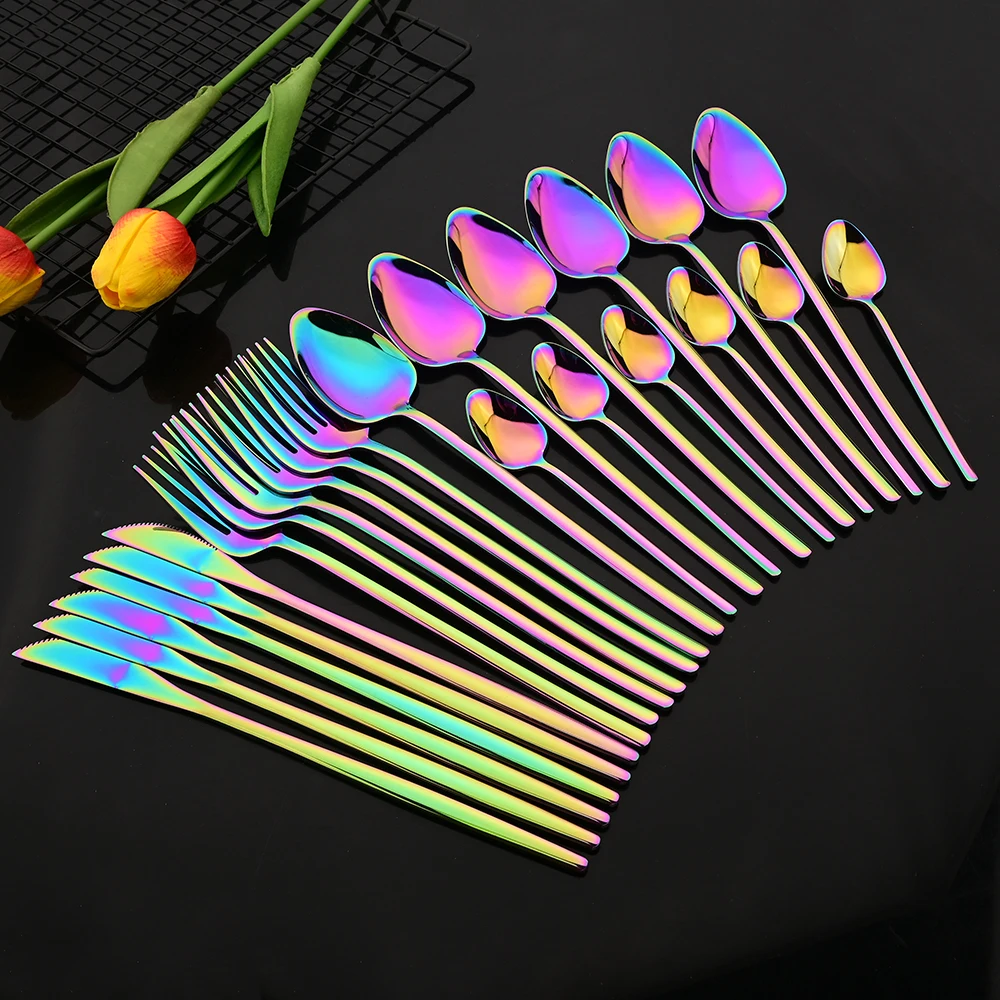 24Pcs/Set Dinnerware Stainless Steel Mirror Rainbow Cutlery Set Kitchen Fork Coffee Spoon Knife Tableware Silverware Set