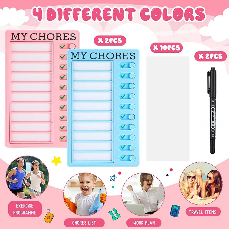 2 ชิ้น Chore List Checklist Board พลาสติกที่ถอดออกได้ RV Checklist Board 10 การ์ดและ 2 เครื่องหมายสีดําสําหรับผู้ใหญ่