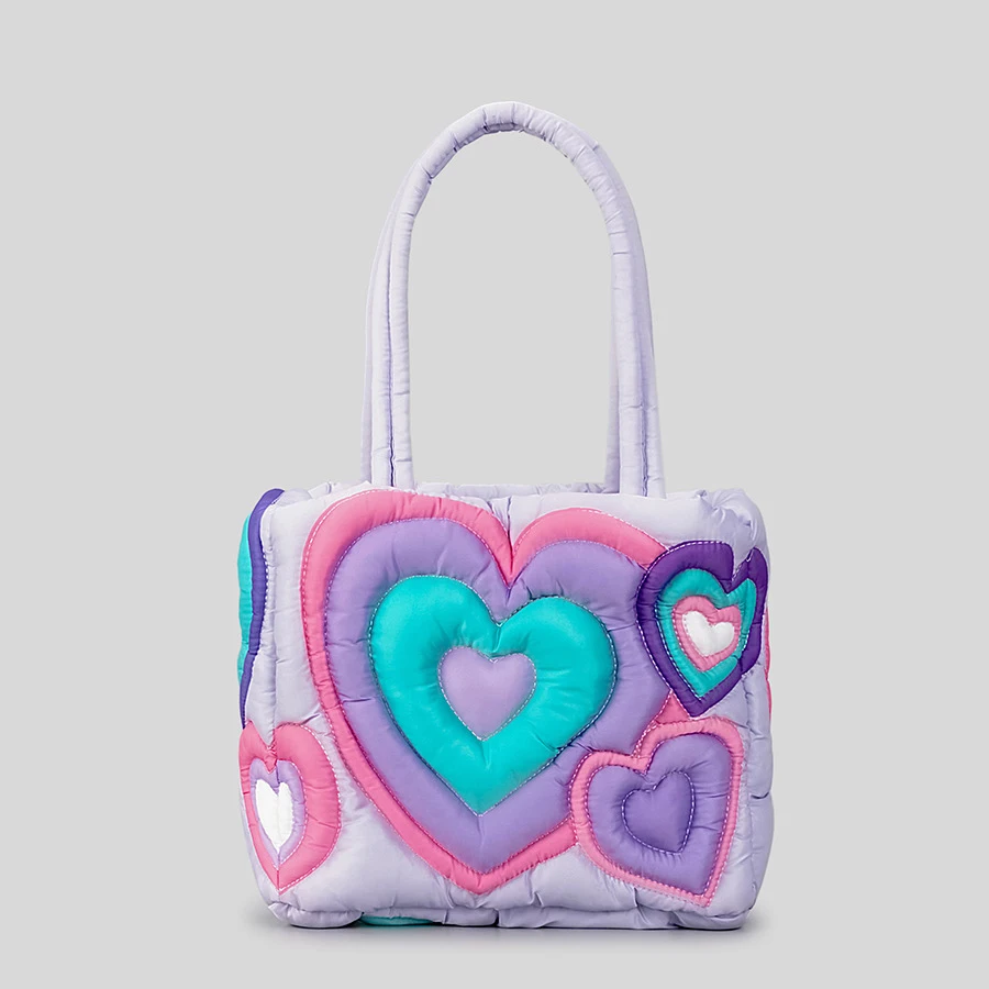 Casual Colorful Heart Padded Women Shoulder Bags Designer Quilted Lady Handbags Nylon Down Cotton Tote Bag Sweet Puffy Purses