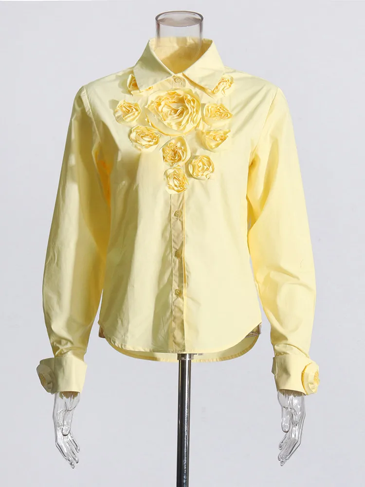 TWOTWINSTYLE Temperament Spliced Appliques Shirt For Women Lapel Long Sleeve Patchwork Button Loose Blouses Female Fashion New