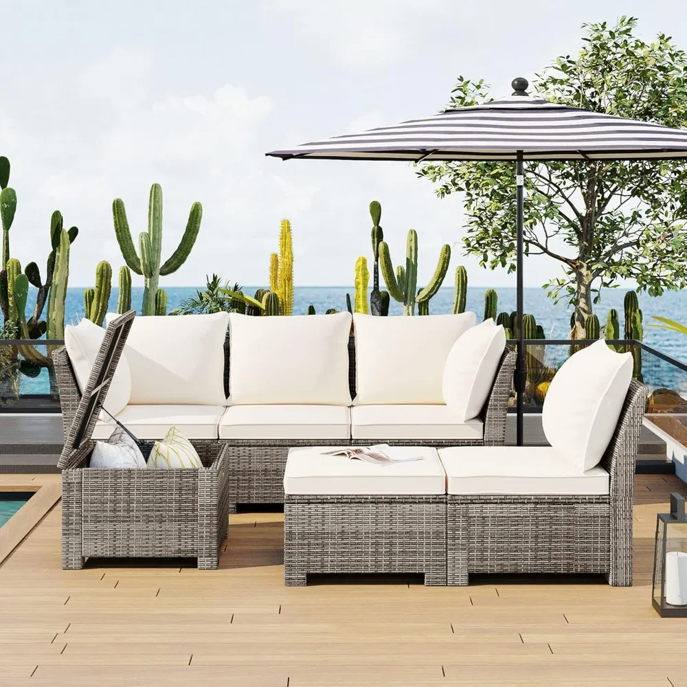 Set of 6 outdoor sofas, PE wicker rattan sofa with 2 corner chairs, 2 single chairs, 1 ottoman and 1 storage table