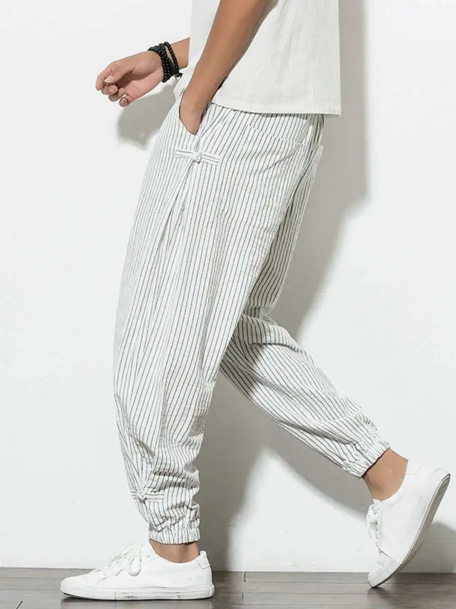 

Men's Hip Hop Aladdin Hmong Baggy Cotton Line Harem Pants Middle Waist Long Trousers Linen Fabric All Seasons Universal