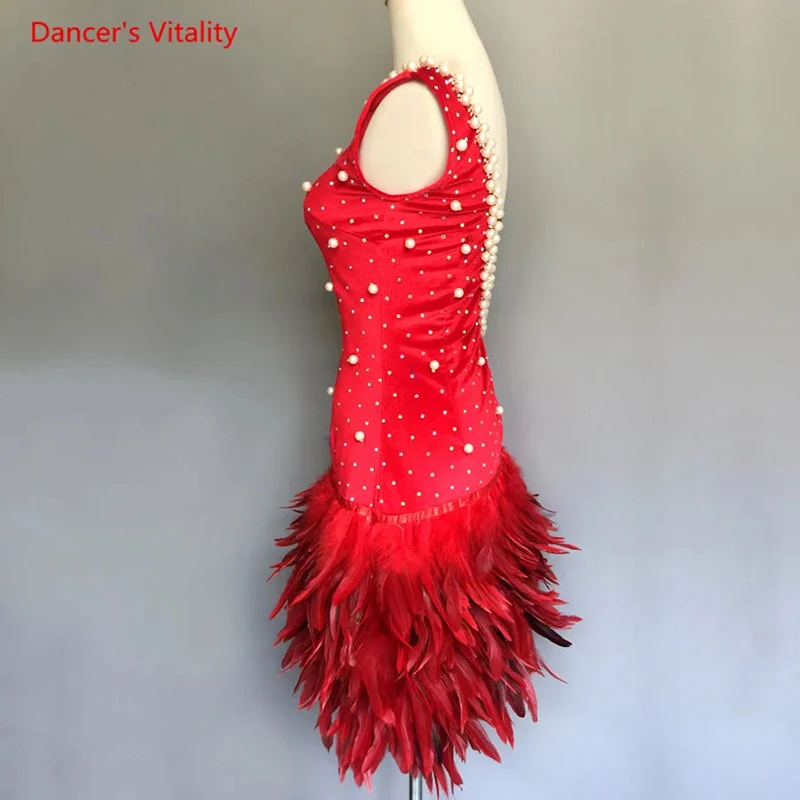 Luxury Pearls Feather Dress Women/Girls Latin Dance Performance Clothing Adult Kids Ballroom Dance Competition Costume