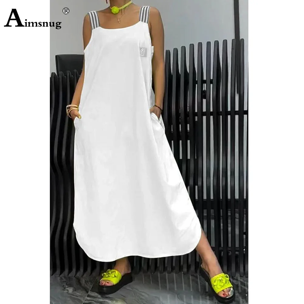 Aimsnug Plus size 5XL Women Elegant Strappy Dress 2024 Bohemian Linen Dress Female Sleeveless Casual Ankle-Length Dresses Robe