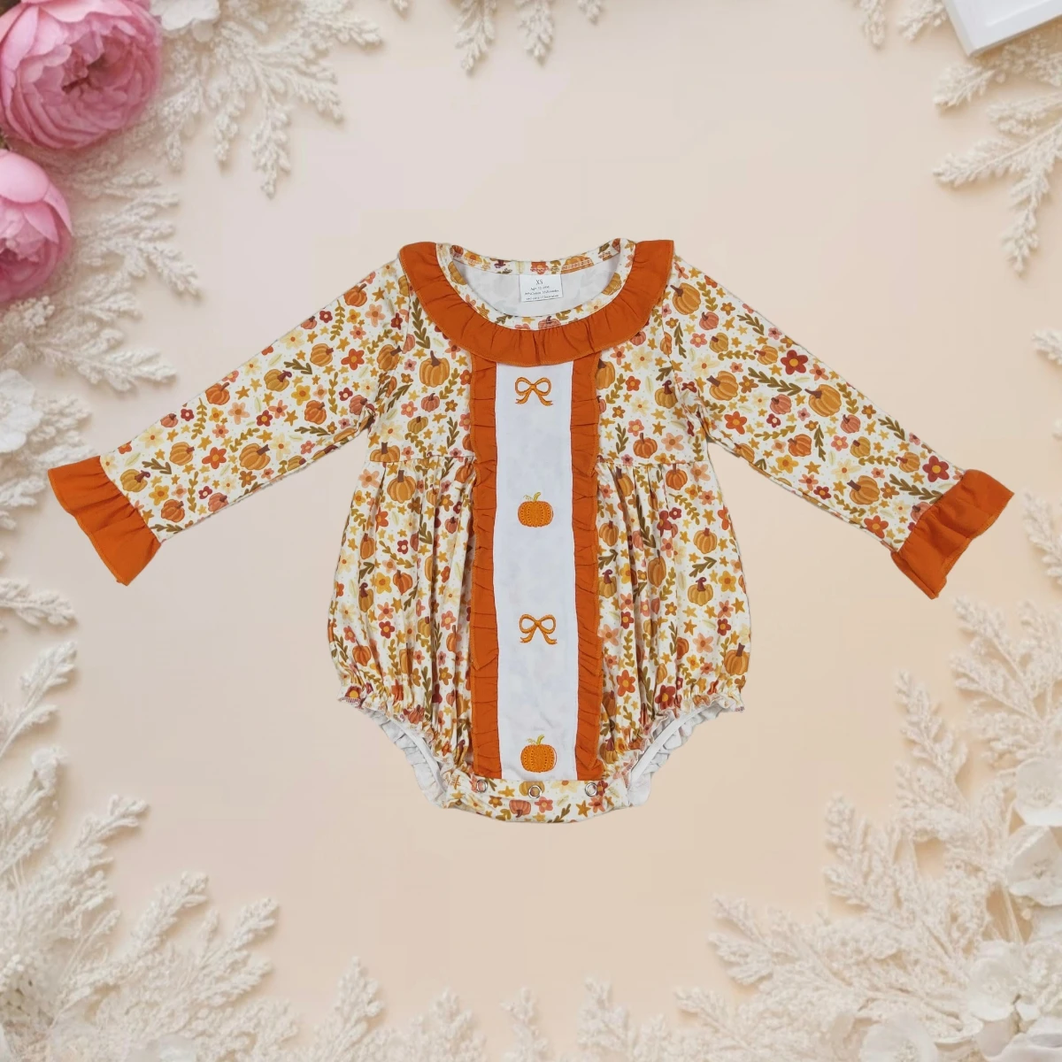 

Newborn Baby Girl Thanksgiving Romper Cute Long Sleeve Round Neck Bows Pumpkins Embroidery Floral Jumpsuit Infant Autumn Clothes