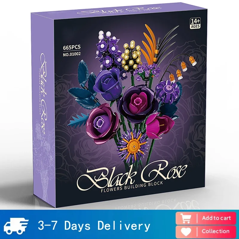 Blocs de construction créatifs Rose violette, série d'assemblage, Simulation de Bouquets de fleurs, modèles cadeaux, briques de vacances, jouets avec boîte, 665 pièces