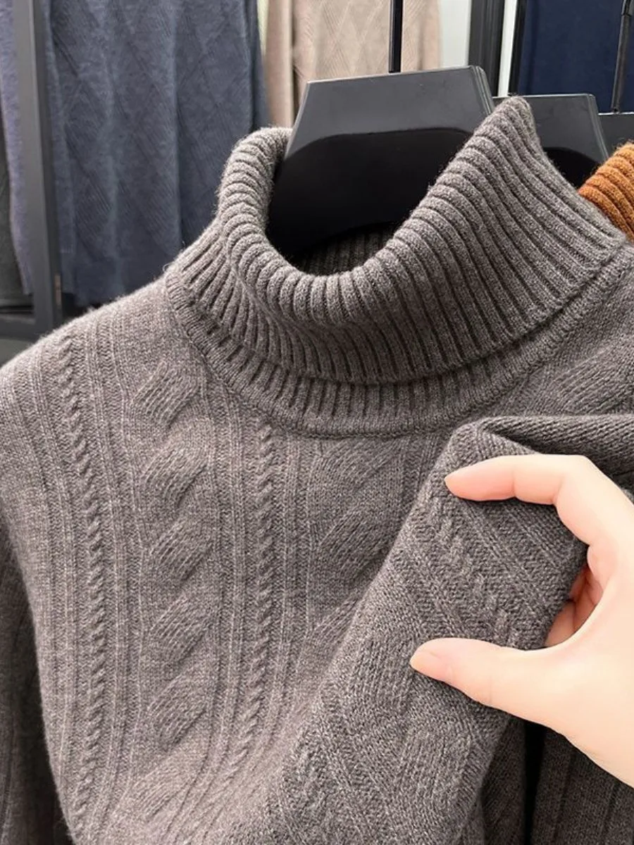 

Men's High-Ne Thiened Knitted Sweater Autumn Winter Warm Woolen Camere Twist Flower Pattern Base Layer Top