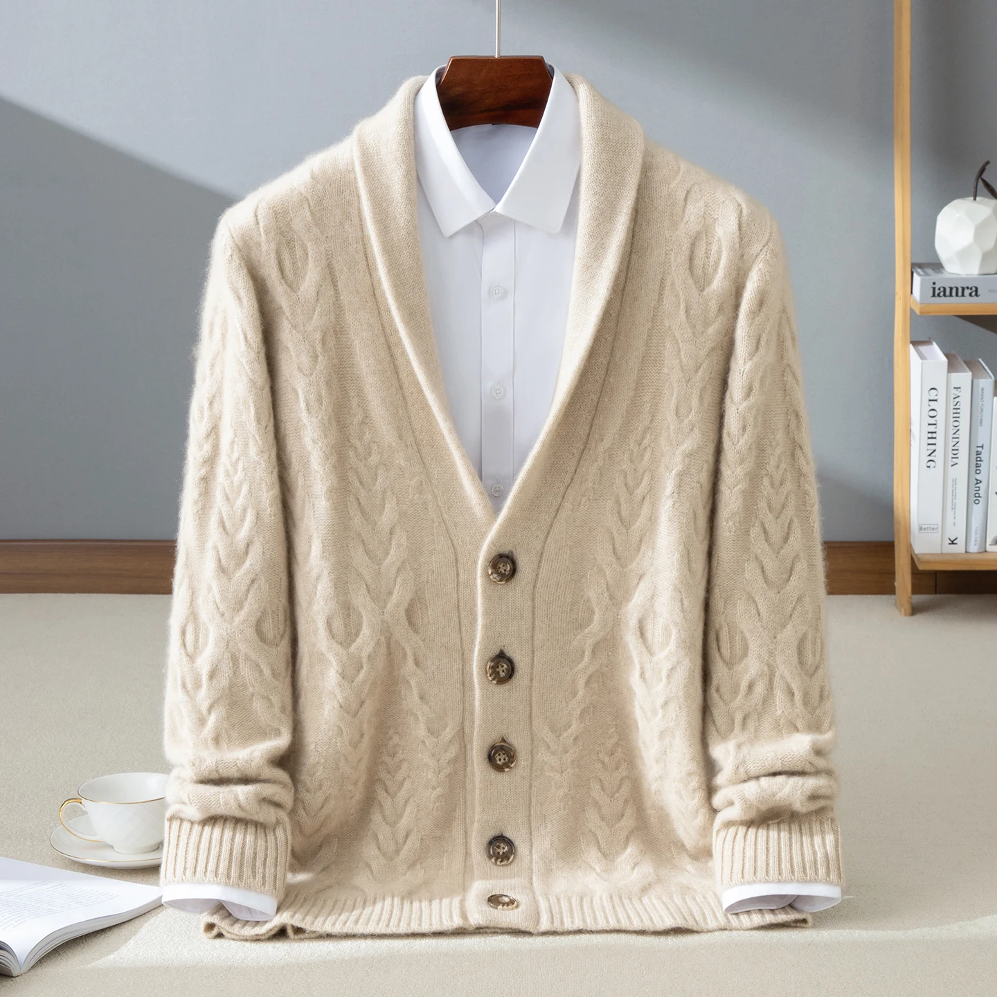 100% cashmere men's cardigan casual knit thick sweater luxury Pull Turn down collar jacket loose Jumper sing breasted streetwear