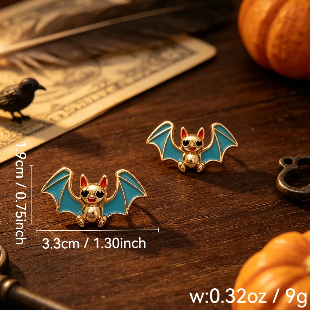 Halloween Cartoon Bat Oil-Drip Earrings, Blue-Winged Red-Ear Metal Ear Studs, Halloween Party Makeup Atmosphere Styling Accessories