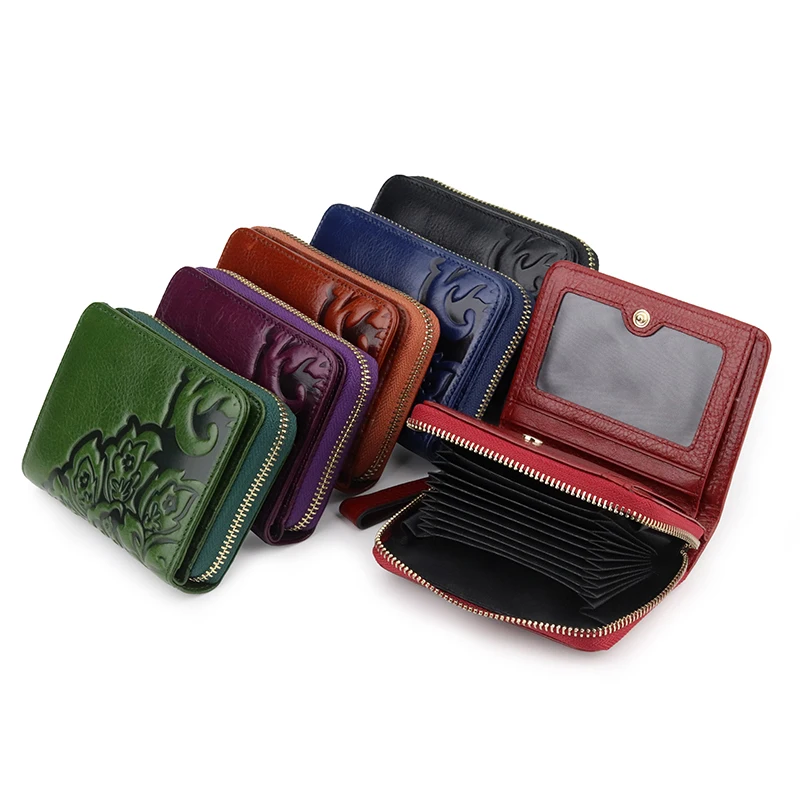 

Purple/Black/Green 6 Colors Lady Short Card Holder Wallets Floral Embossed Women Clutches Genuine Cow Leather Money Purses