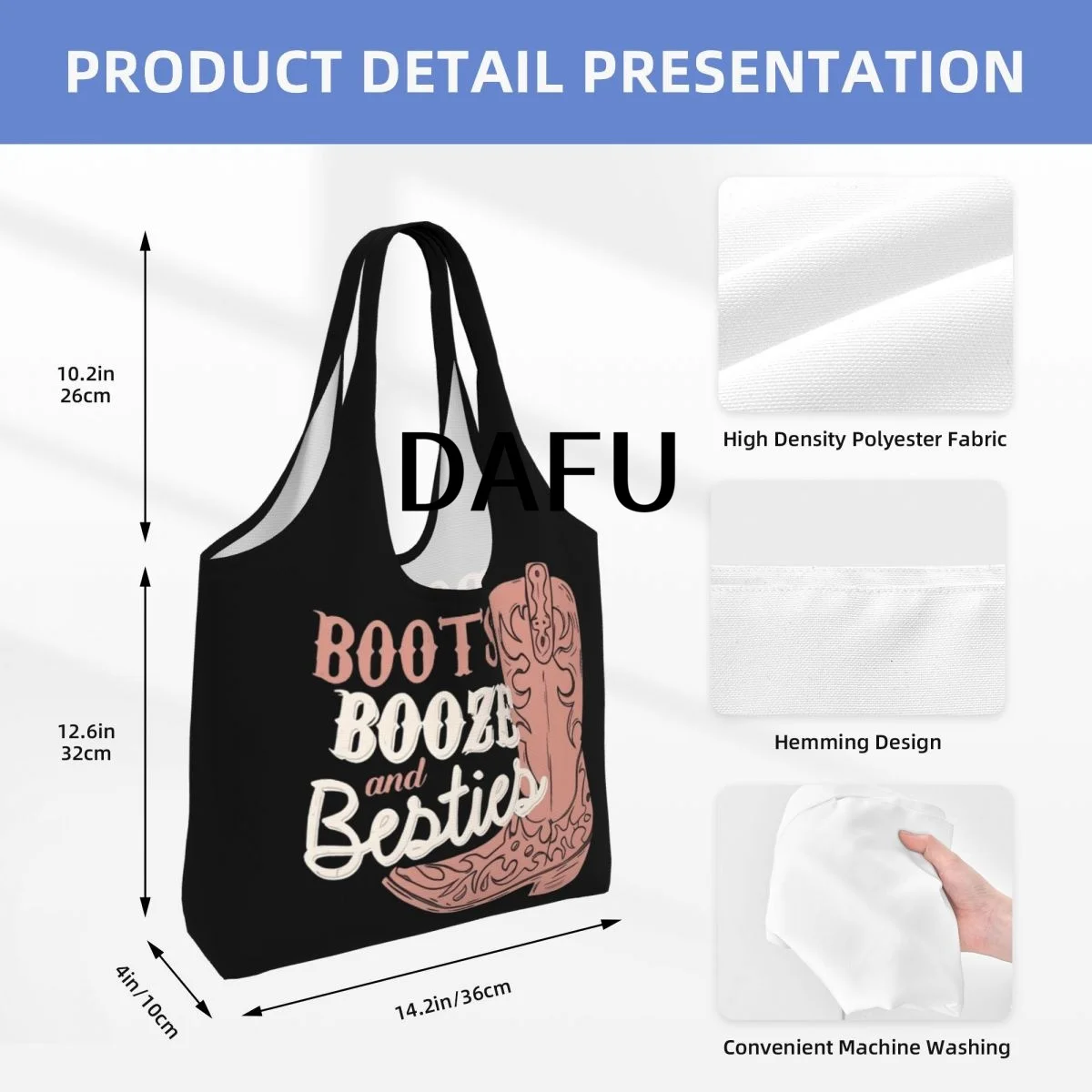 Boots, Booze, And Besties Large Capacity Canvas Tote Bag Single Shoulder Work Commute Bag For Women Eco-Friendly Shopping Bag
