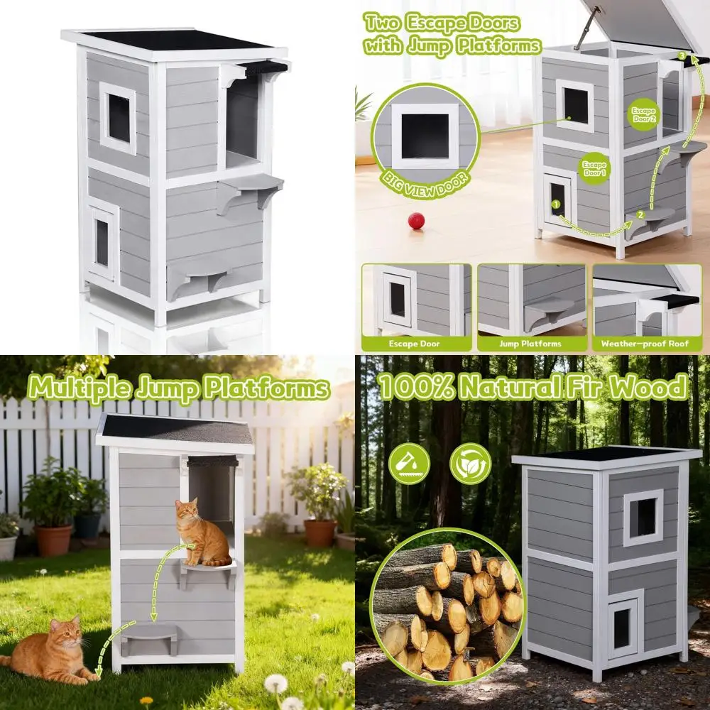 

Всепогодный уличный домик для кошек с переключаемой дверцей, большим окном и 2 платформами - серый