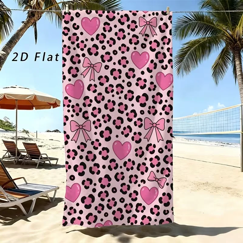 Cute Pink Leopard Print Heart Bow Beach Towel Soft Quick Dry Sand Proof Towel Women Summer Beach Pool Travel Holiday Gift
