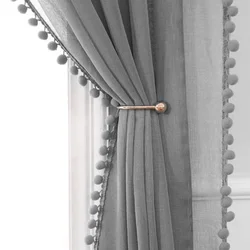 Branco pom pom borla cortinas transparentes para o quarto fazenda falso linho semi-veil transparente bay janela cortinas painel