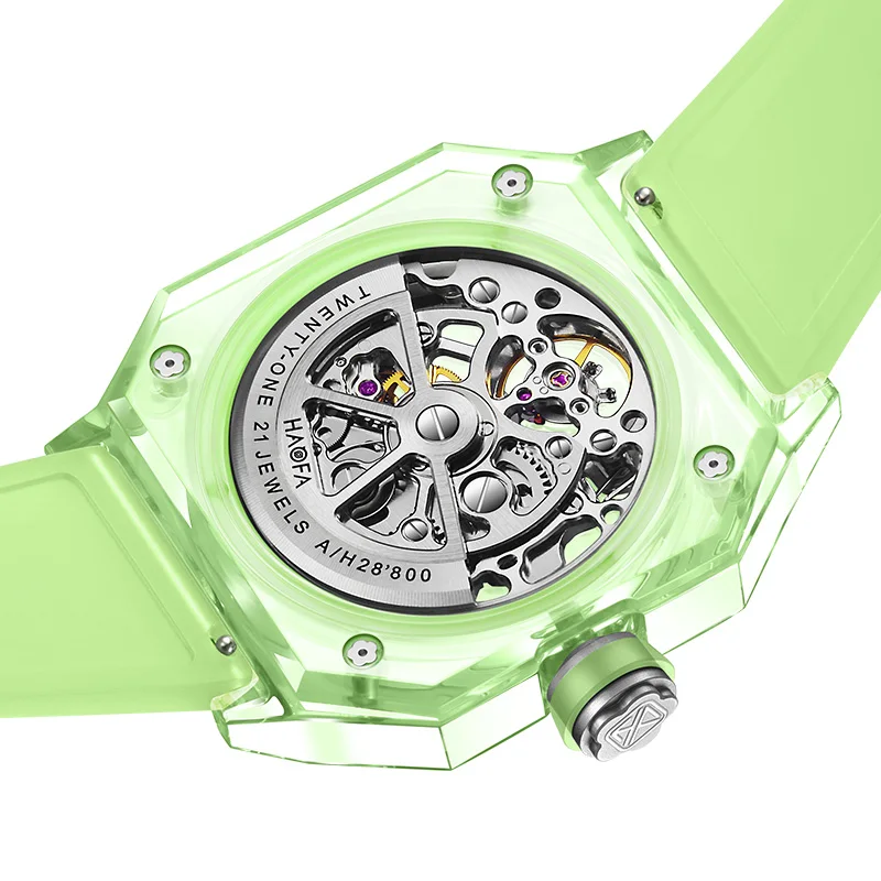 Haofa Crystal Transparent Automatic Watch for Men Luxury Hollowing Waterproof Luminous Mechanical Square Mens Watch Casual 2208