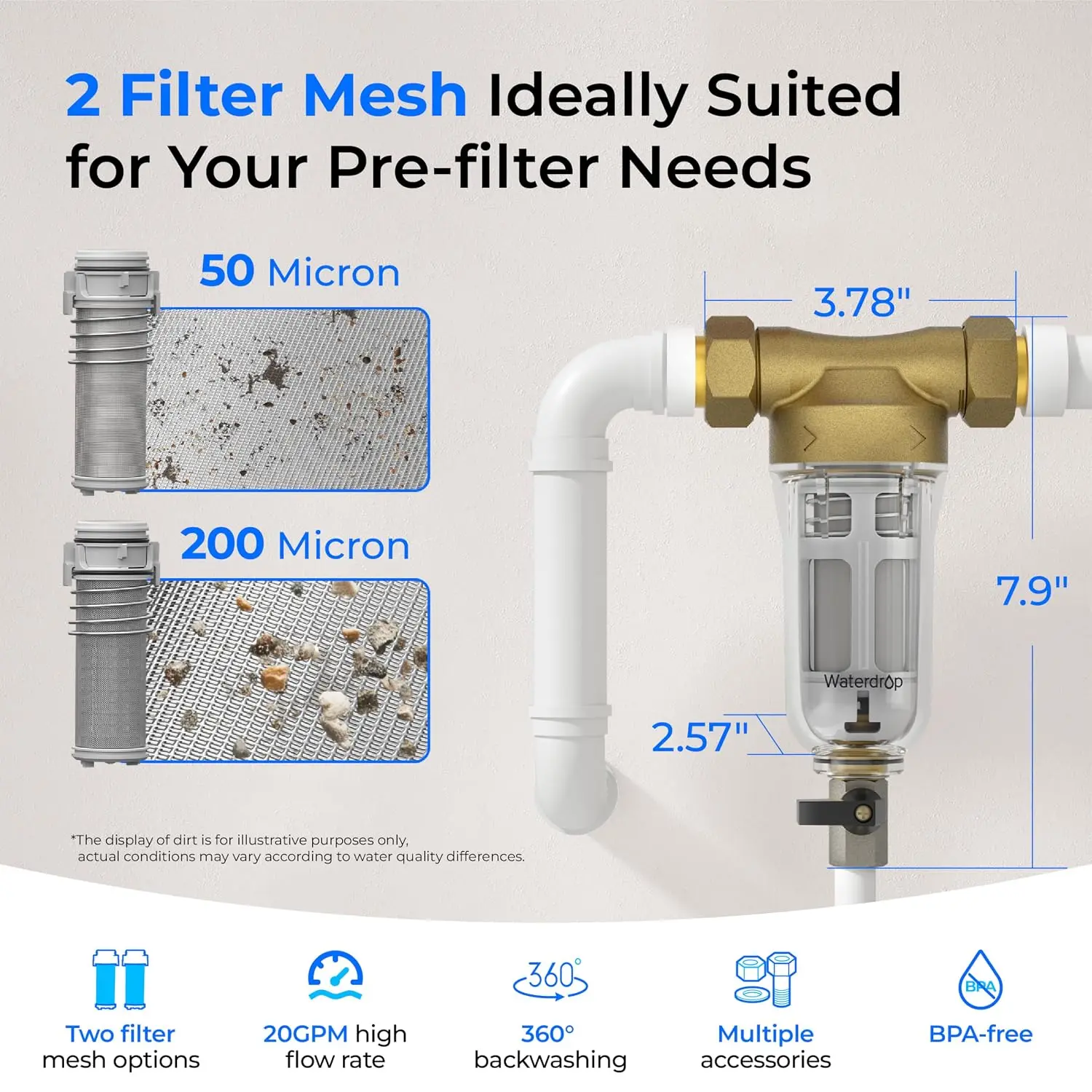 Waterdrop RPFK52 Spin Down Sediment Filter, 50 Micron+200 Micron Backwash Whole House Water Filter System for Well Water, 1
