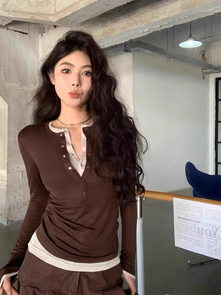 

Chic Women's American Color-Block Layered T-Shirt Half-Placket Slim Fit Top Fitted Shoulder Long-Sleeve Autumn Winter Shirt