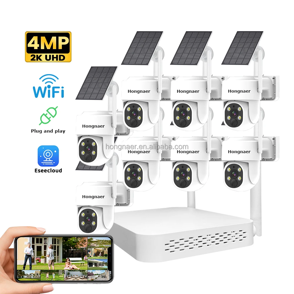 

Hongnaer 4MP 360 WiFi 8 Channel IP NVR Home Surveil Solar Security PTZ Camera Set Kit System Wireless Outdoor CCTV Camera System