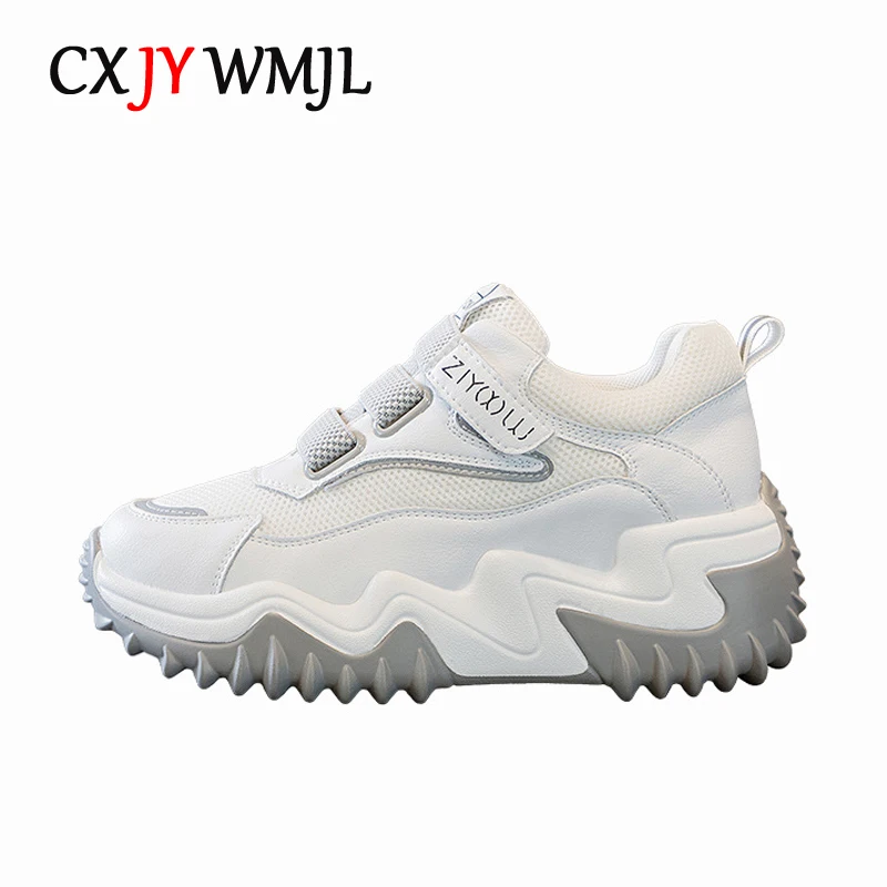 CXJYWMJL Genuine Leather Women Platform Sneakers Wedgies Hook & Loop Mesh Casual Vulcanized Shoes Ladies Thick Bottom Sneakers