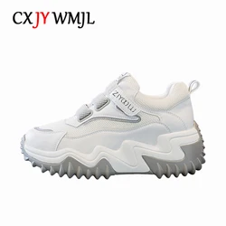 CXJYWMJL Genuine Leather Women Platform Sneakers Wedgies Hook & Loop Mesh Casual Vulcanized Shoes Ladies Thick Bottom Sneakers