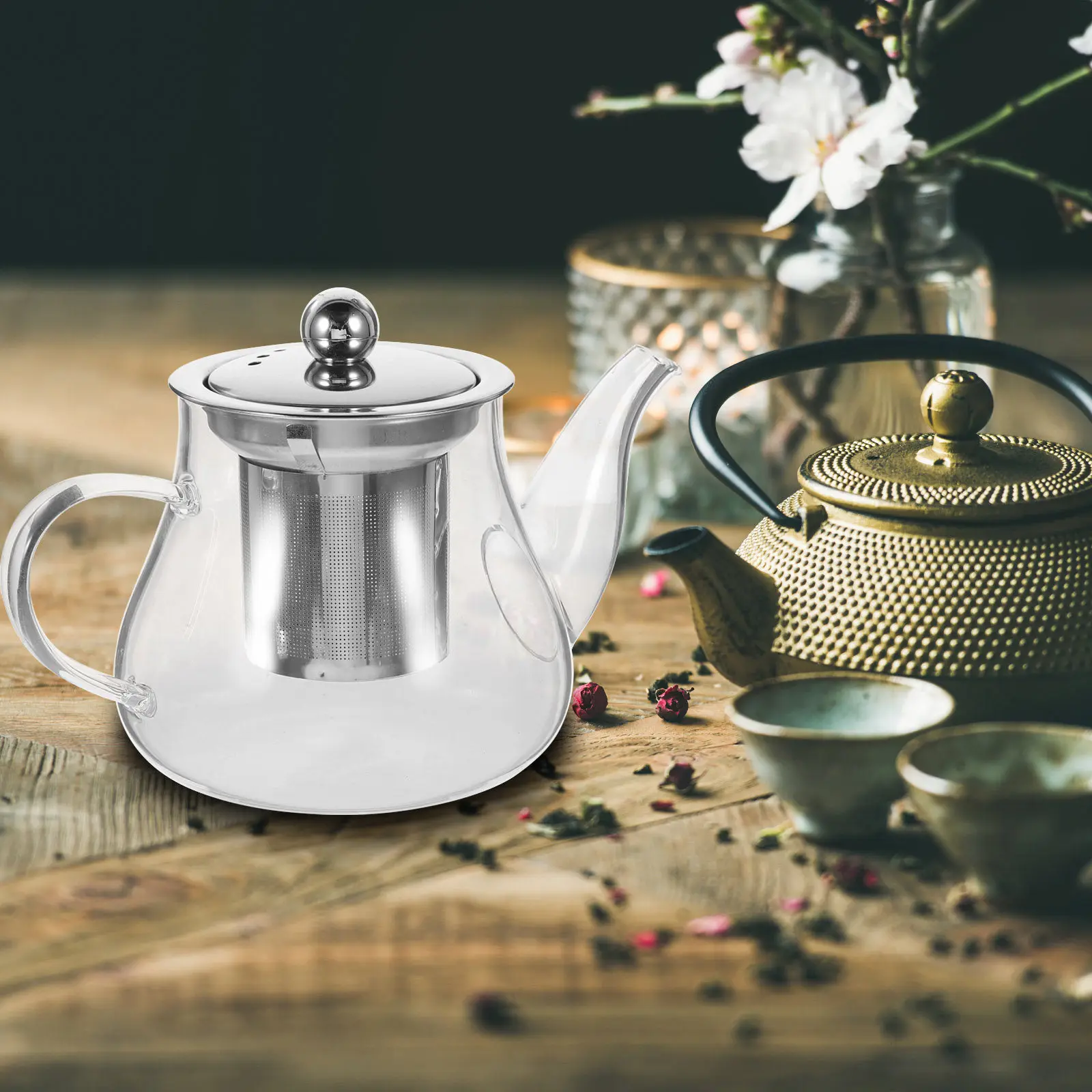 

400Ml Clear Heat Resistant Glass Teapot Stainless Steel Infuser Elegant Handle Design for Home Office Tea Making Green Jasmine