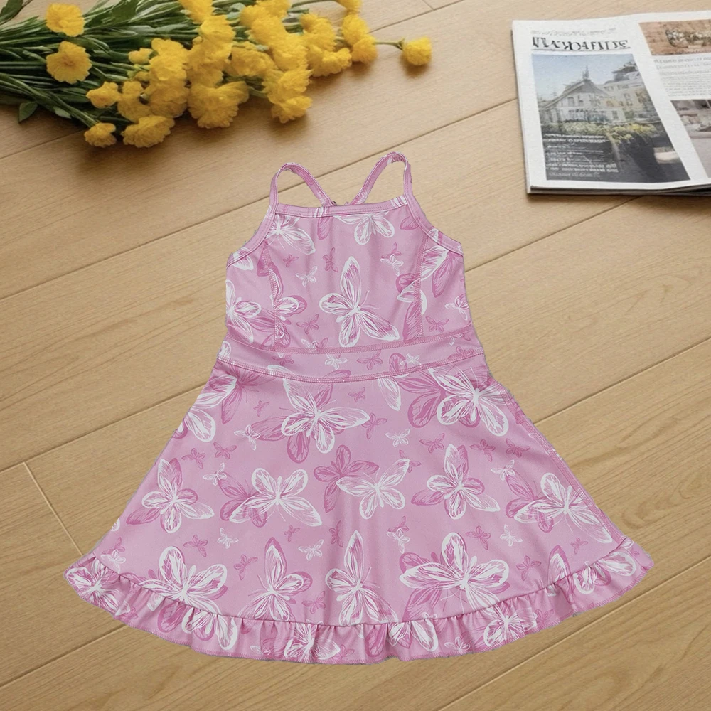 

9.2 Baby Girls Summer Dresses Baby Girls Pink Strap Butterfly Yoga Ruffle Knee Length Dresses
