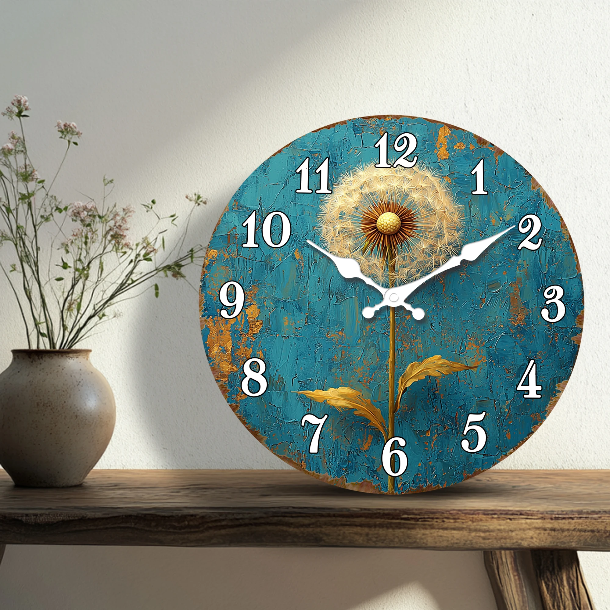 Dandelion Seed Head Wall Clock - Blue Textured Background Floral Decor, Whimsical Garden Home Art Clock